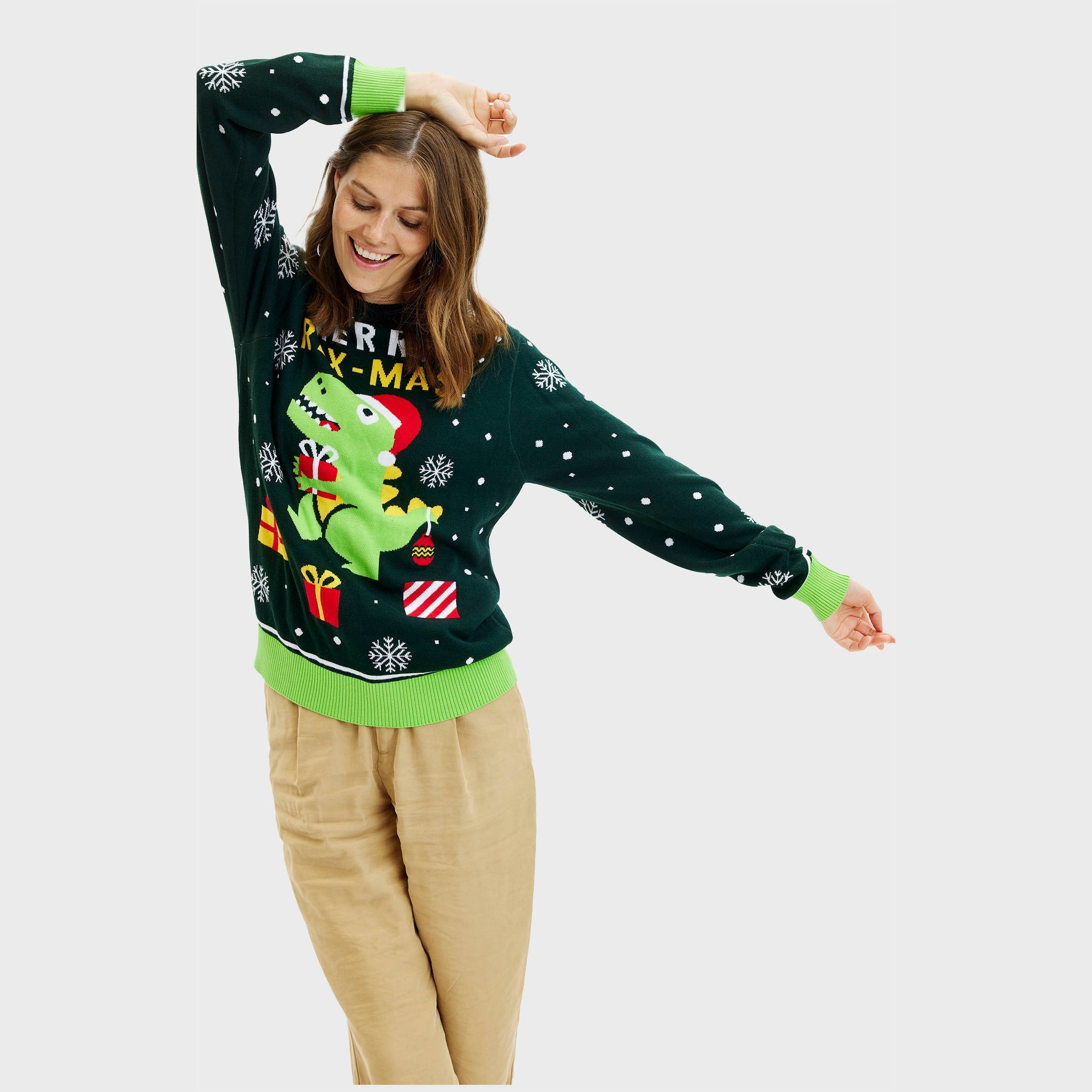 Niedlicher Dino-Weihnachtspullover – Damen.